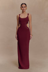 Angelique Beaded Crepe Maxi Dress - Wine